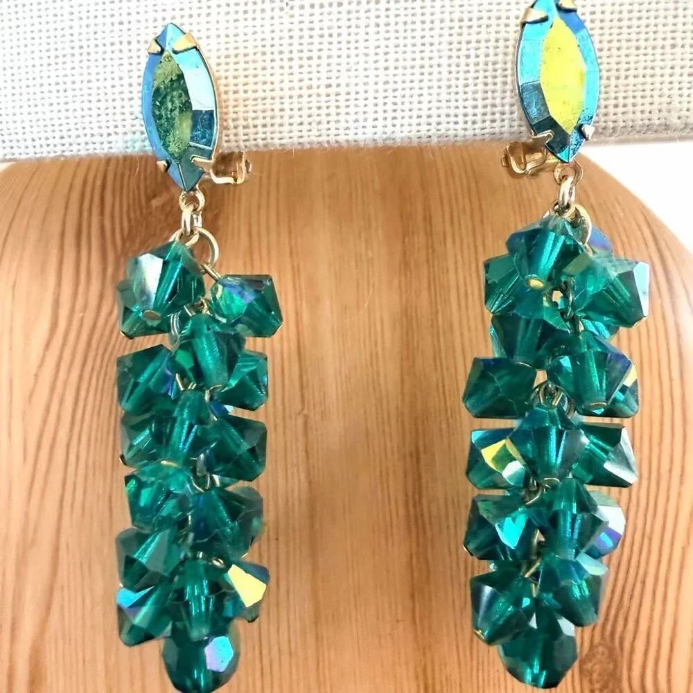 Lewis Segal California Vintage Green Aurora Borealis Crystal Clip-On Earrings